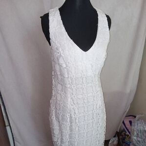 Bisou Bisou Ivory Lace Detail Midi Dress Size 6 Beautiful, Corset Back Split Hem